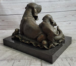 Mother Dog and 2 Puppies Bronze Sculpture Statue Pet Decor Signed Art Marble Base