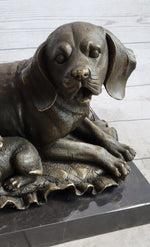 Mother Dog and 2 Puppies Bronze Sculpture Statue Pet Decor Signed Art Marble Base