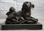 Mother Dog and 2 Puppies Bronze Sculpture Statue Pet Decor Signed Art Marble Base