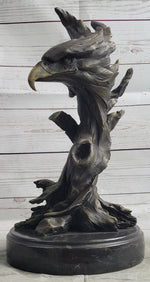Bald Eagle Head Bust on Tree Bronze Sculpture Statue Figure Decor Signed Original on Marble Base