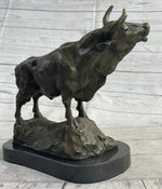 Bull Cow Cattle Farm Animal Bronze Metal Statue Sculpture on Marble Base