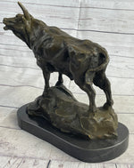 Bull Cow Cattle Farm Animal Bronze Metal Statue Sculpture on Marble Base