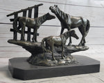 Horse Farm Horses Behind Stables Bronze Sculpture Statue Figure Equestrian Art Decor