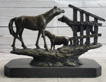 Horse Farm Horses Behind Stables Bronze Sculpture Statue Figure Equestrian Art Decor