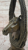 Load image into Gallery viewer, Bronze Horse Head with Braided Lasso Sculpture on Marble Base