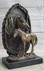 Equestrian Horse Lover Decor Mare & Foal Bronze Sculpture Statue on Marble Base