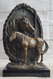 Equestrian Horse Lover Decor Mare & Foal Bronze Sculpture Statue on Marble Base
