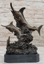 Original Bronze Statue Sculpture of Marlin Sailfish Swordfish Jumping out of Ocean on Marble Base
