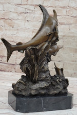 Original Bronze Statue Sculpture of Marlin Sailfish Swordfish Jumping out of Ocean on Marble Base