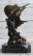 Load image into Gallery viewer, Marlins Sailfish Swordfish Jumping Out of Ocean Bronze Sculpture Statue Decor on Marble Base