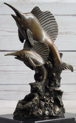 Marlins Sailfish Swordfish Jumping Out of Ocean Bronze Sculpture Statue Decor on Marble Base