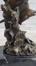 Load image into Gallery viewer, Marlins Sailfish Swordfish Jumping Out of Ocean Bronze Sculpture Statue Decor on Marble Base