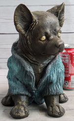 Chihuahua Puppy Dog Wearing Blue Sweater Bronze Metal Figurine Sculpture Decor