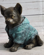 Chihuahua Puppy Dog Wearing Blue Sweater Bronze Metal Figurine Sculpture Decor