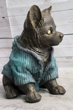 Chihuahua Puppy Dog Wearing Blue Sweater Bronze Metal Figurine Sculpture Decor