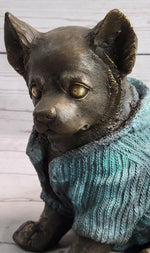 Chihuahua Puppy Dog Wearing Blue Sweater Bronze Metal Figurine Sculpture Decor