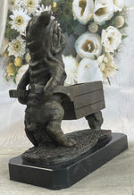 English Bulldog Pushing Wheelbarrow Bronze Planter Dish Sculpture Figure 12