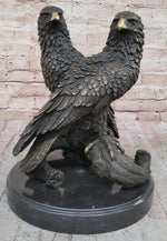 Two Juvenile American Bald Eagles Bronze Metal Statue Sculpture on Marble Base