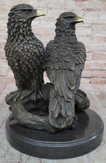 Two Juvenile American Bald Eagles Bronze Metal Statue Sculpture on Marble Base