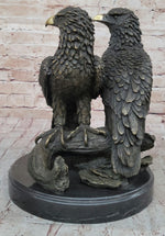 Two Juvenile American Bald Eagles Bronze Metal Statue Sculpture on Marble Base