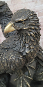 Two Juvenile American Bald Eagles Bronze Metal Statue Sculpture on Marble Base