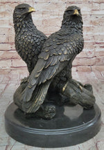 Two Juvenile American Bald Eagles Bronze Metal Statue Sculpture on Marble Base