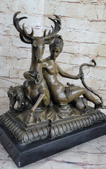 Greek Goddess Artemis Roman Diana Huntress Nude Bronze Sculpture w/ Deer by Milo