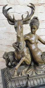 Greek Goddess Artemis Roman Diana Huntress Nude Bronze Sculpture w/ Deer by Milo