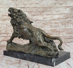 Majestic Bronze Lion in Roaring Pose – Dynamic Wildlife Sculpture on Marble Base