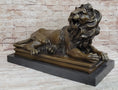 Load image into Gallery viewer, Roaring Guardian Lion Laying Down Bronze Statue Sculpture on Marble Base after Antoine Barye