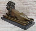 Load image into Gallery viewer, Roaring Guardian Lion Laying Down Bronze Statue Sculpture on Marble Base after Antoine Barye