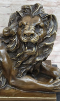 Load image into Gallery viewer, Roaring Guardian Lion Laying Down Bronze Statue Sculpture on Marble Base after Antoine Barye