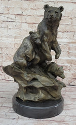 Large Mother Bear With her Cubs on a Rock Bronze Art Deco Marble Sculpture Barye