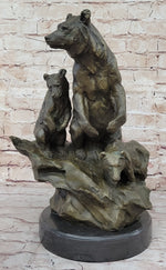 Large Mother Bear With her Cubs on a Rock Bronze Art Deco Marble Sculpture Barye