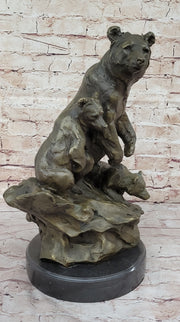 Large Mother Bear With her Cubs on a Rock Bronze Art Deco Marble Sculpture Barye