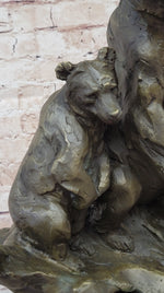 Large Mother Bear With her Cubs on a Rock Bronze Art Deco Marble Sculpture Barye