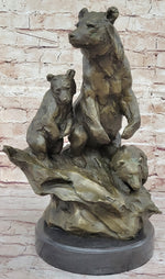 Large Mother Bear With her Cubs on a Rock Bronze Art Deco Marble Sculpture Barye