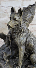 HUNTING DOGS ENGLISH BULLDOG SHEPHERD BRONZE SCULPTURE FIGURINE MARBLE BASE DECO