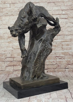 Mountain Lion Panther Puma Climbing Down Tree Bronze Metal Statue Sculpture on Marble Base