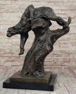 Mountain Lion Panther Puma Climbing Down Tree Bronze Metal Statue Sculpture on Marble Base