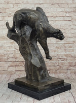 Mountain Lion Panther Puma Climbing Down Tree Bronze Metal Statue Sculpture on Marble Base