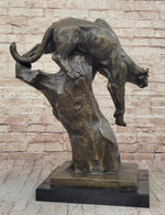 Mountain Lion Panther Puma Climbing Down Tree Bronze Metal Statue Sculpture on Marble Base