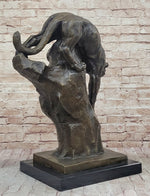 Mountain Lion Panther Puma Climbing Down Tree Bronze Metal Statue Sculpture on Marble Base