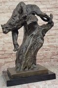 Load image into Gallery viewer, Mountain Lion Panther Puma Climbing Down Tree Bronze Metal Statue Sculpture on Marble Base