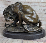 Lion vs. Snake Bronze Statue Sculpture Figure by Antoine Barye on Marble Base
