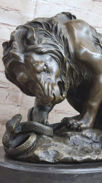 Lion vs. Snake Bronze Statue Sculpture Figure by Antoine Barye on Marble Base