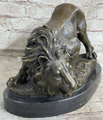 Lion Stalking Prey Hot Cast Bronze Sculpture Statue Art by Antoine Barye on Marble Base