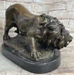Lion Stalking Prey Hot Cast Bronze Sculpture Statue Art by Antoine Barye on Marble Base