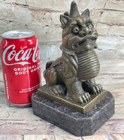 Chinese Foo Dog Guardian Lion Bronze Statue Sculpture Figure Marble Base 7.5