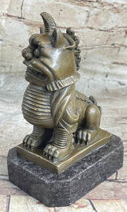 Chinese Foo Dog Guardian Lion Bronze Statue Sculpture Figure Marble Base 7.5